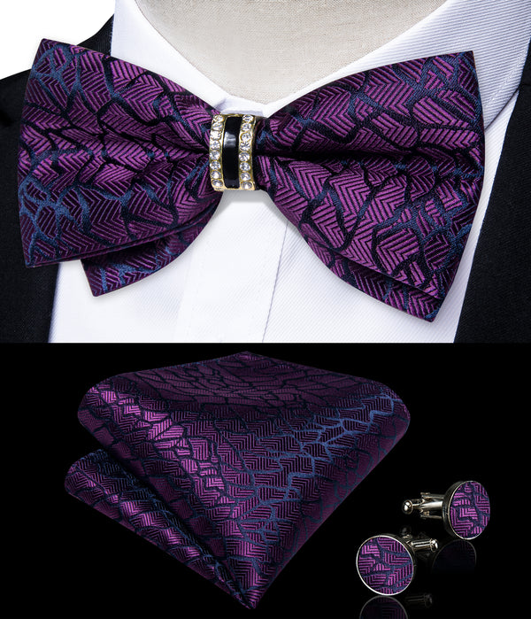 Dark Purple Blue Striped Herringbone Silk Pre-tied Ring Bow Tie Hanky Cufflinks Set