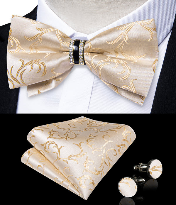 Champagne Floral Luxury Silk Pre-tied Ring Bow Tie Hanky Cufflinks Set