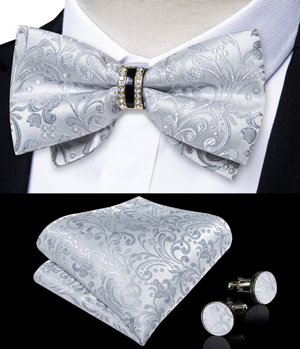 Silver Floral Luxury Silk Pre-tied Ring Bow Tie Hanky Cufflinks Set