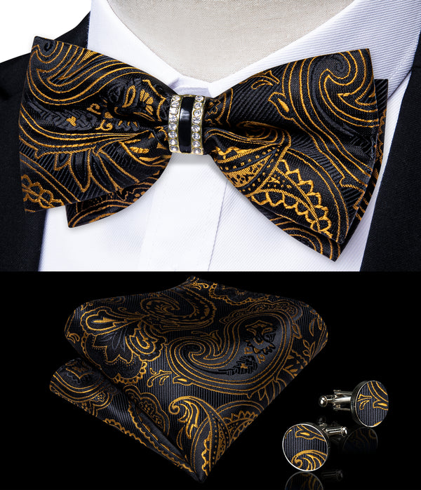 Black Yellow Paisley Luxury Silk Pre-tied Ring Bow Tie Hanky Cufflinks Set
