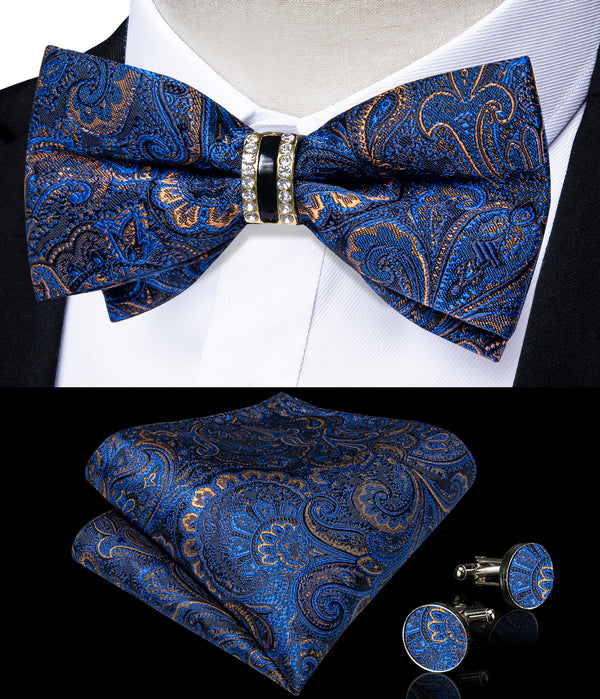 Blue Yellow Paisley Luxury Silk Pre-tied Ring Bow Tie Hanky Cufflinks Set