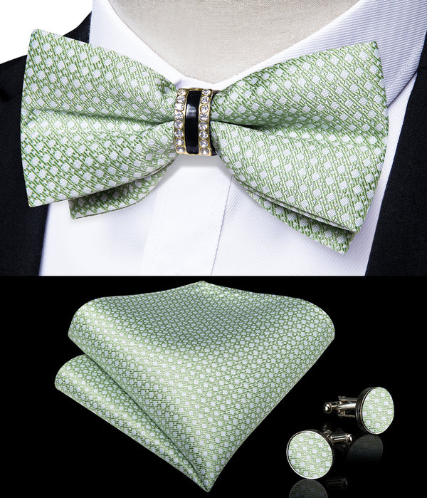Light Green Geometric Casual Silk Pre-tied Ring Bow Tie Hanky Cufflinks Set