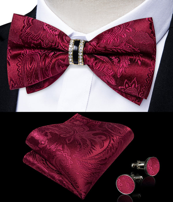 Wine Red Paisley Silk Luxury Pre-tied Ring Bow Tie Hanky Cufflinks Set