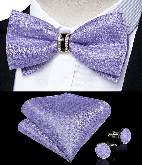 Light Purple Solid Geometric Woven Pre-tied Ring Bow Tie Hanky Cufflinks Set