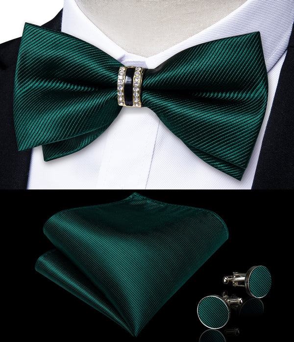 Dark Green Striped Classic Silk Pre-tied Ring Bow Tie Hanky Cufflinks Set
