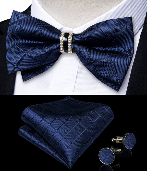 Navy Blue Plaid Classic Silk Pre-tied Ring Bow Tie Hanky Cufflinks Set