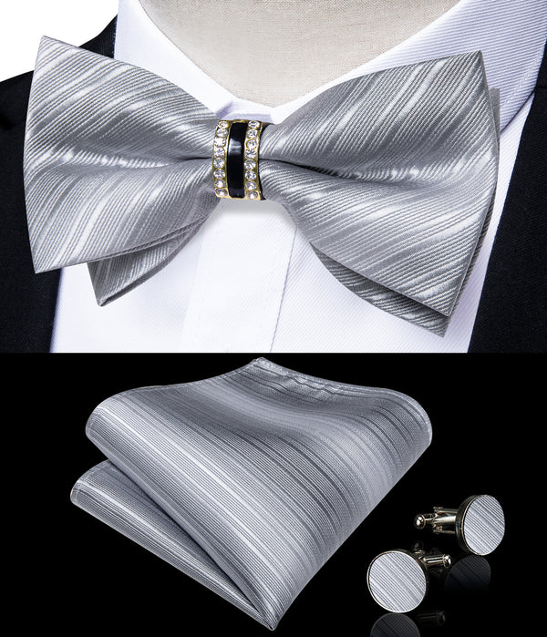 New Silver Striped Classic Silk Pre-tied Ring Bow Tie Hanky Cufflinks Set