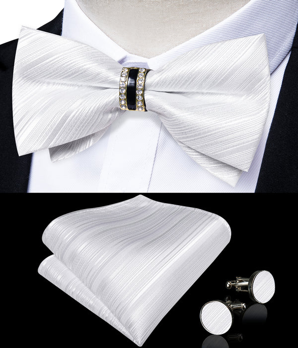 White Striped Classic Silk Pre-tied Ring Bow Tie Hanky Cufflinks Set