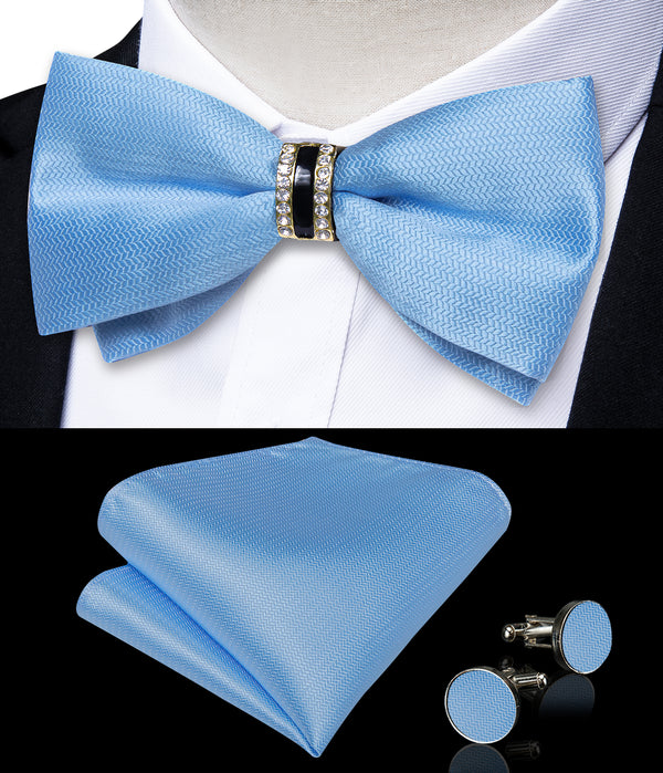 Baby Blue Solid Herringbone Woven Pre-tied Ring Bow Tie Hanky Cufflinks Set