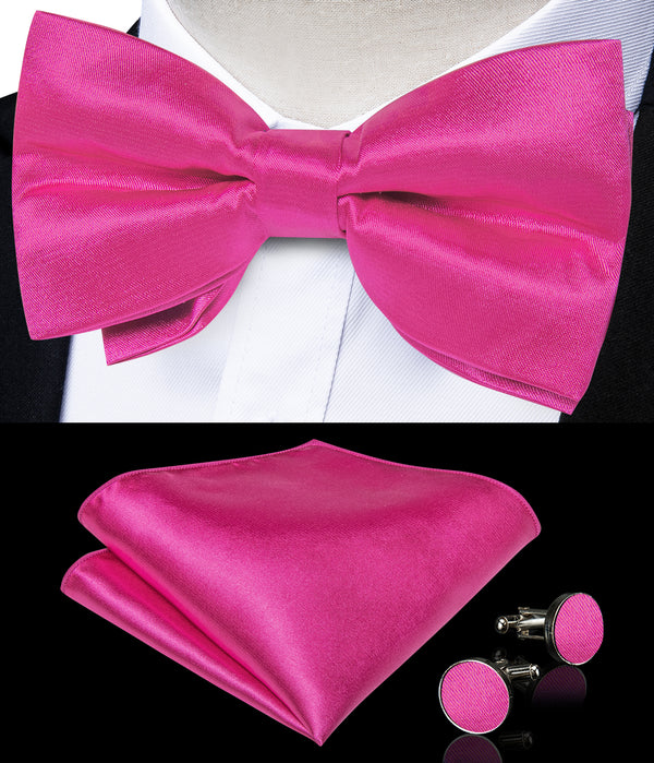 Deep Pink Bow Tie for Men Solid Pre-tied Bow Tie Hanky Cufflinks Set