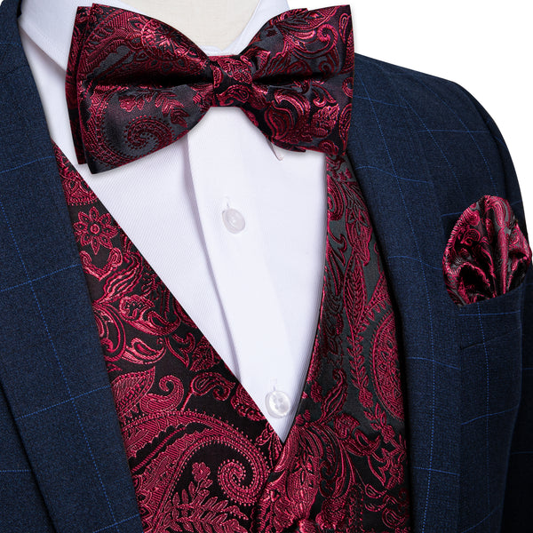 Suit Vest Black Burgundy Paisley Silk Men's Vest Hanky Cufflinks Bow Tie Set