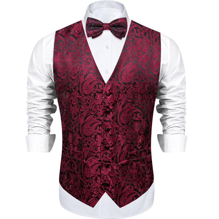 Suit Vest Black Burgundy Paisley Silk Men's Vest Hanky Cufflinks Bow Tie Set