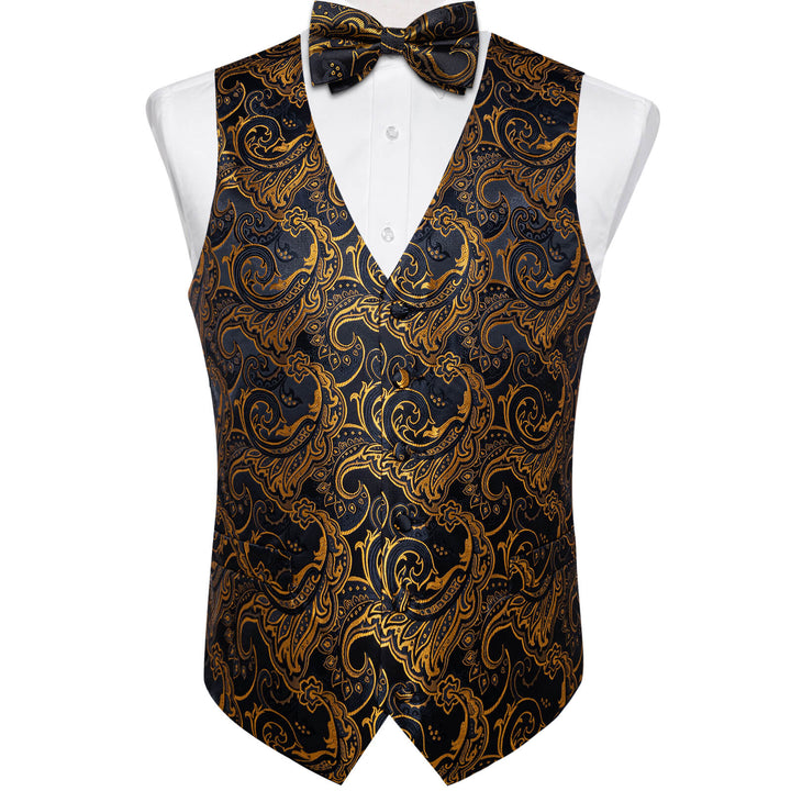  Black Gold Woven Floral Silk Suit Vest Bow Tie Set