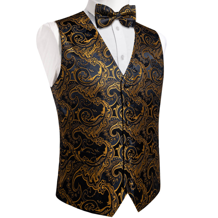  Black Gold Woven Floral Silk Suit Vest Bow Tie Set