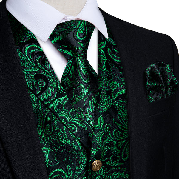 Black DarkGreen Paisley Men's Collar Vest Tie Hanky Cufflinks Set Waistcoat Suit Set