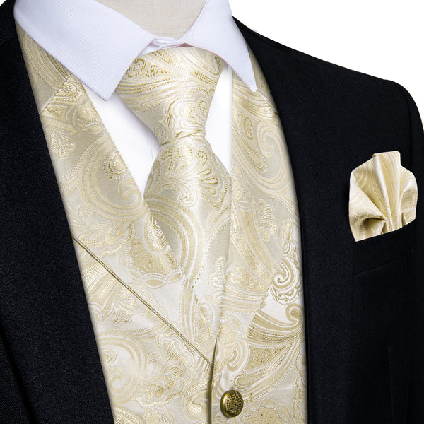 Suit Vest Linen White Paisley Men's Notched Collar Vest Tie Hanky Cufflinks Set