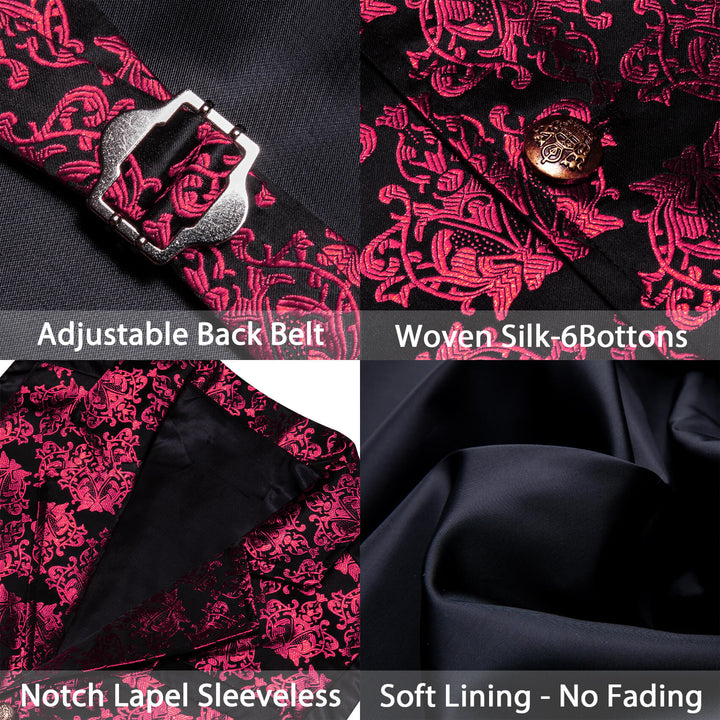  Black Ruby Red Jacquard Floral Silk Suit Vest