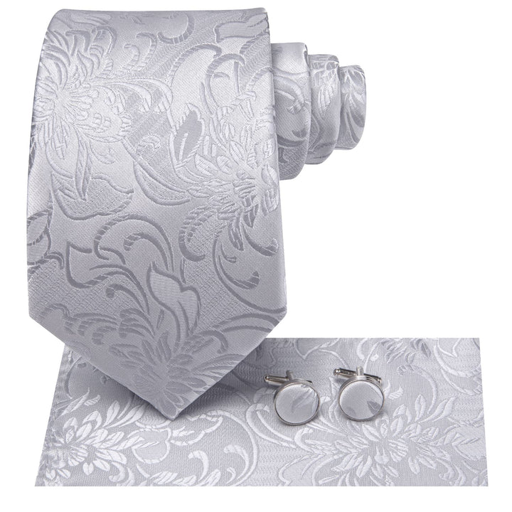 Floral Tie Cloud Grey Mens Silk Tie Handkerchief Cufflinks Set