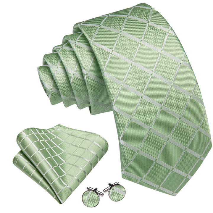 Extra Long Tie Sage Green Plaid 63'' Silk Mens Tie Pocket Square Cufflinks Set