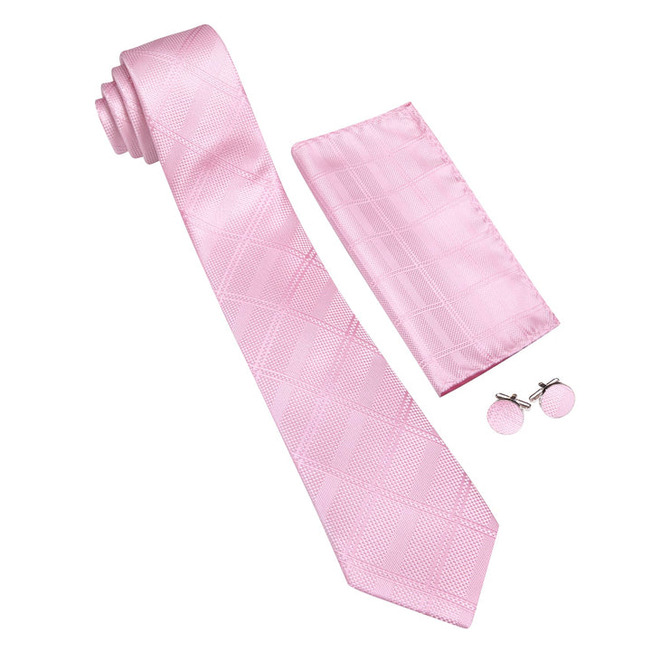 Extra Long Tie Taffy Pink Plaid 63'' Silk Mens Tie Pocket Square Cufflinks Set