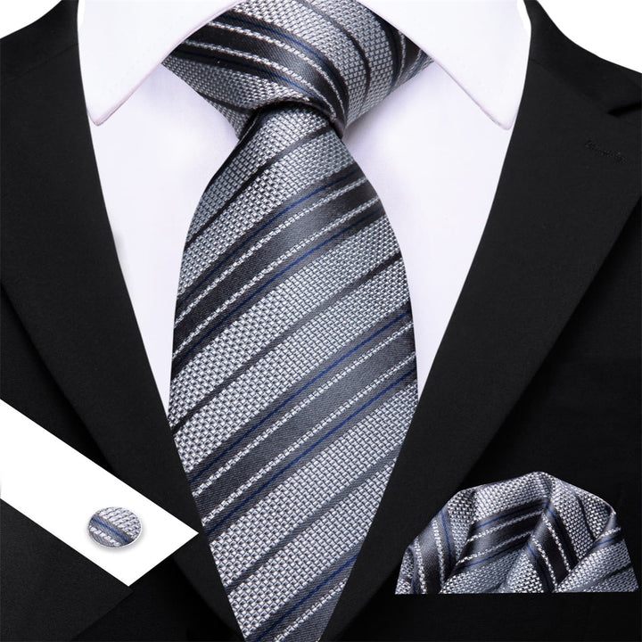 Deep Grey Striped mens silk dress suit tie handkerchief cuff links set