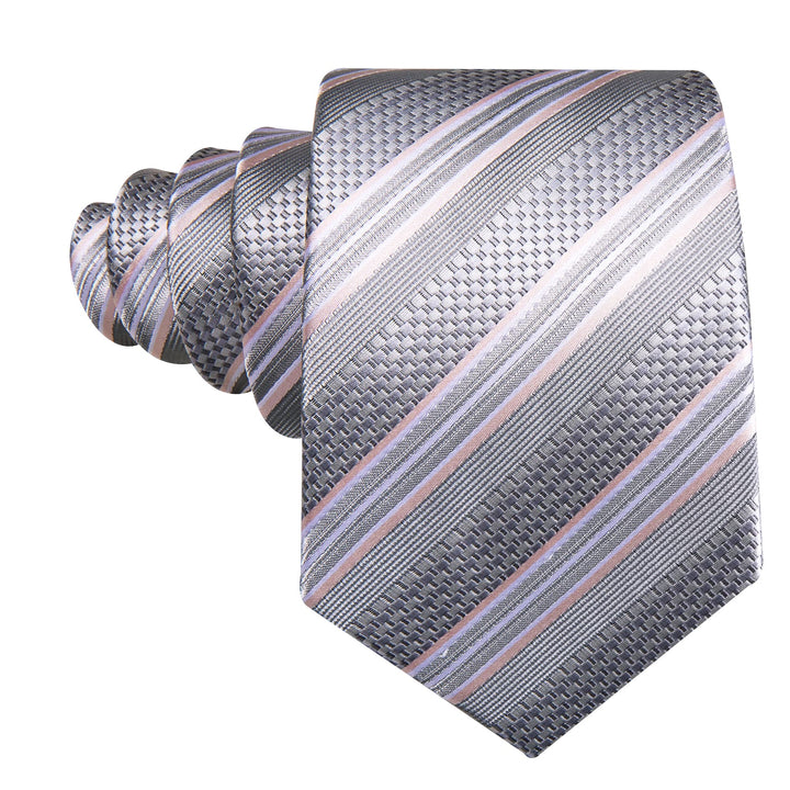 Dress Tie Cloud Grey Striped Men's Silk Tie Handkerchief Cufflinks Set for Business