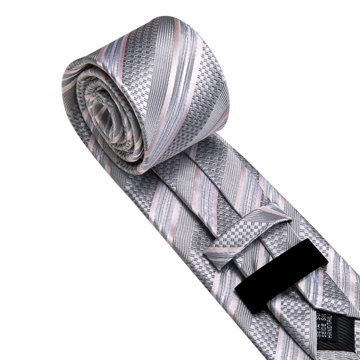 Dress Tie Cloud Grey Striped Men's Silk Tie Handkerchief Cufflinks Set for Business