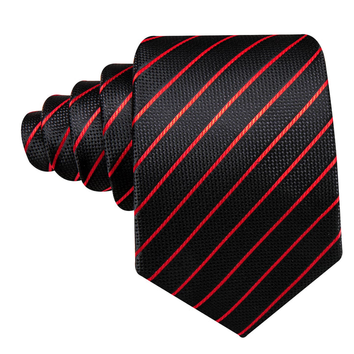 Black Red Striped Mens Silk Business Dress Tie Pocket Square Cufflinks Set