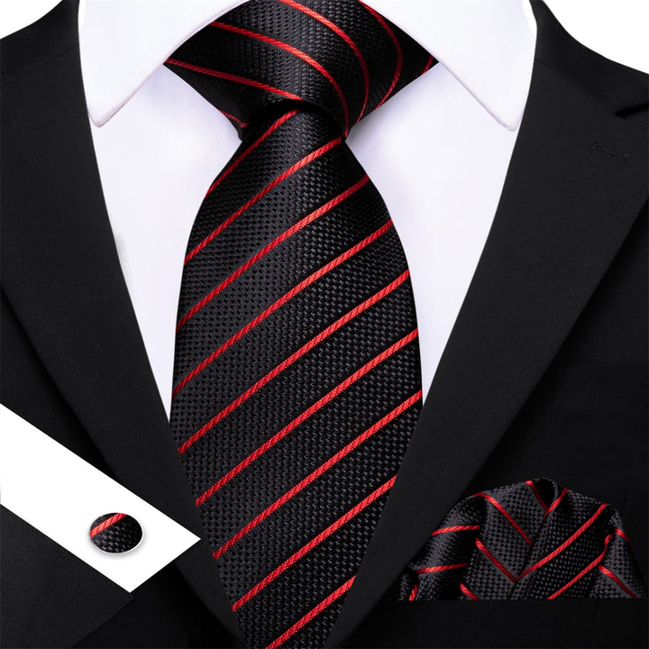 Black Red Striped Mens Silk Business Dress Tie Pocket Square Cufflinks Set