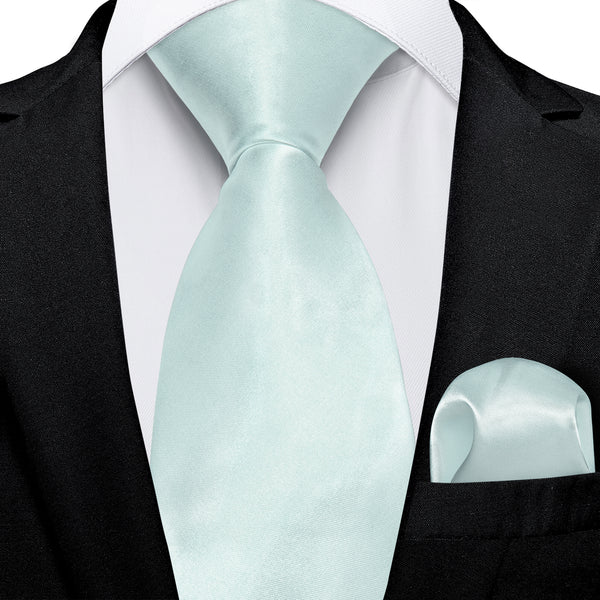 Mist Blue Satin Solid Silk Men's Necktie Pocket Square Cufflinks Set