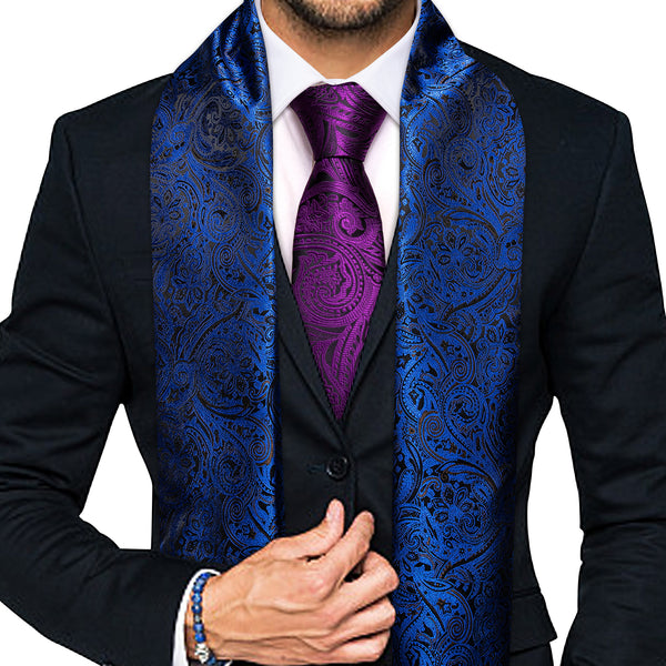 Sapphirine Blue Paisley Men's Silk Scarf with Purple Necktie Set