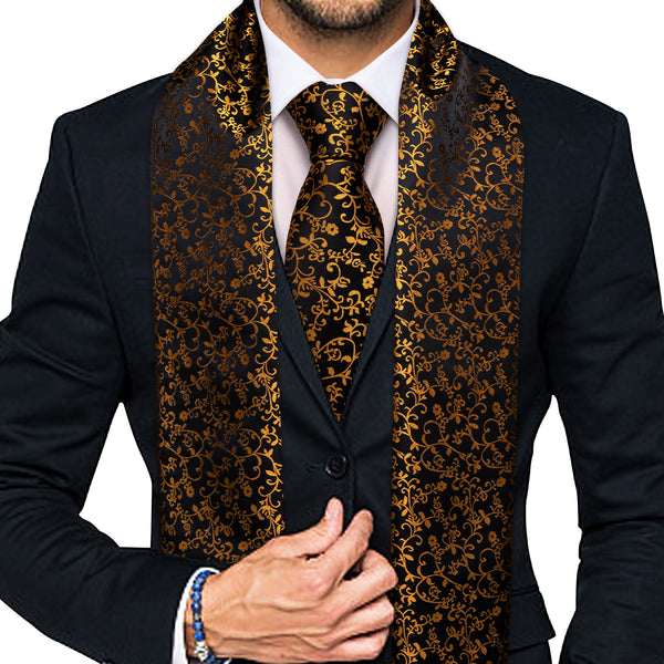 Men's Silk Scarf Tie Black Gold Floral Tie Scarf Set