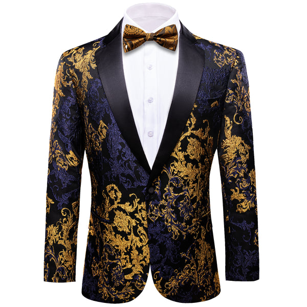 Gold Navy Black Floral Leaf Men's Suit for Party