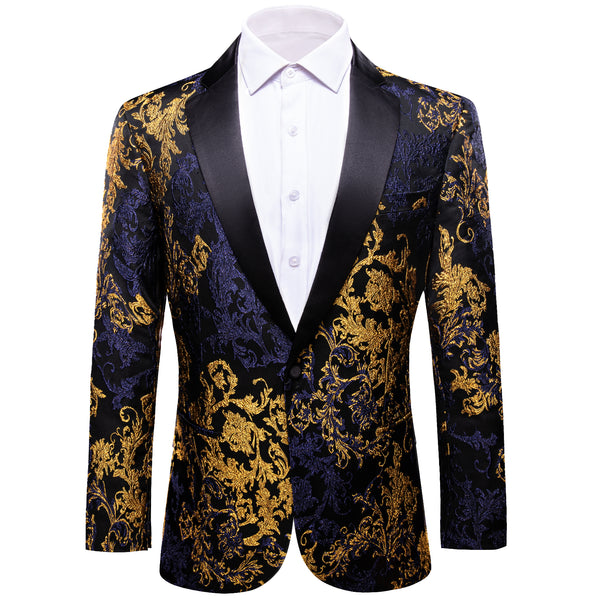 Gold Blue Black Floral Men's Suit for Party