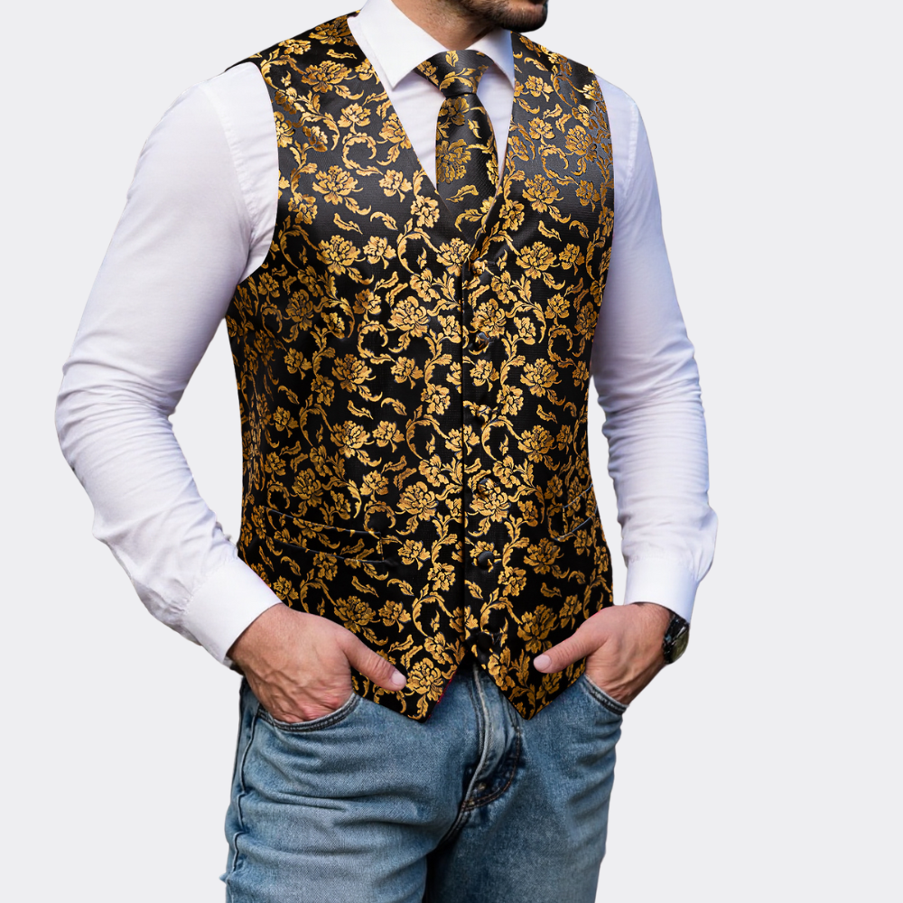 Ties2you Black Vest Gold Peony Floral Men's Suit Vest Tie Set