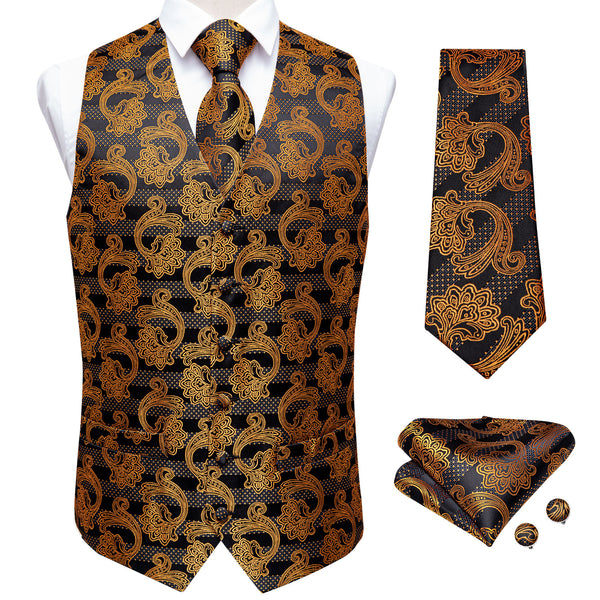 Ties2you Floral Tie Vest Coffee Brown Golden Men's Vest Tie Hanky Cufflinks Set Waistcoat Suit Set