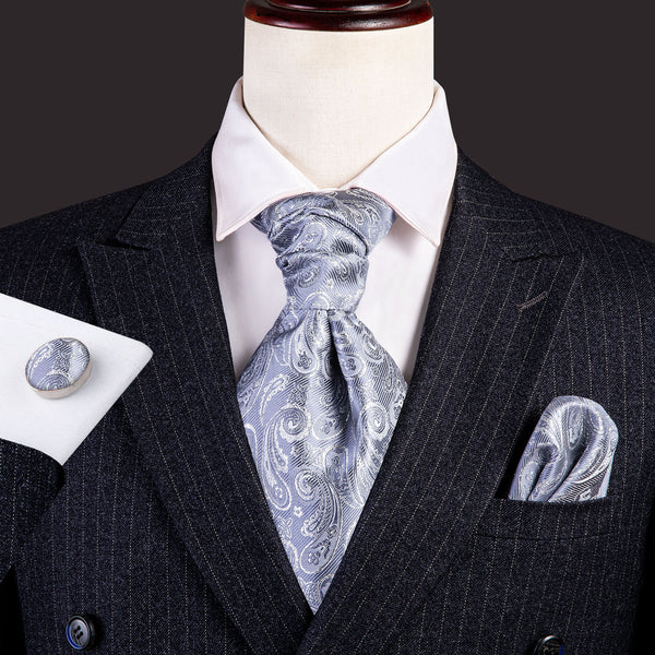 Light Grey Paisley Silk Ascot Cravat Pocket Square Cufflinks Set
