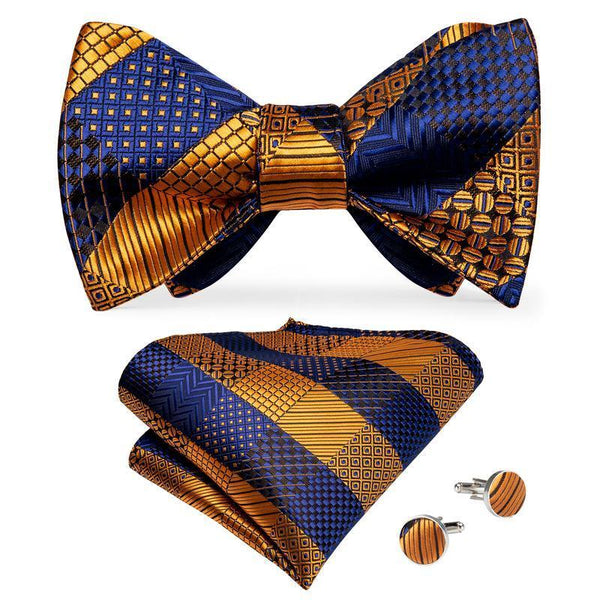 Blue Golden Plaid Self-tied Silk Bow Tie Pocket Square Cufflinks Set