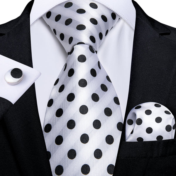 Black White Polka Dot Men's Tie Pocket Square Cufflinks Set