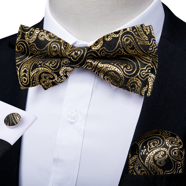 mens silk black gold floral bow tie