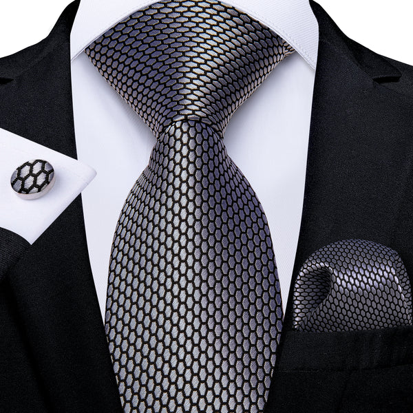 mens silk Geometric Plaid silver grey tie
