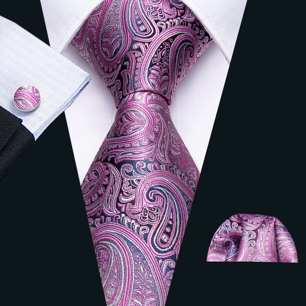 Ties2you Pink Tie Paisley Tie Pocket Square Cufflinks Set for Men