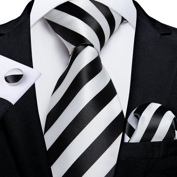 Classic Black White Striped Men's Tie Hanky Cufflinks Set