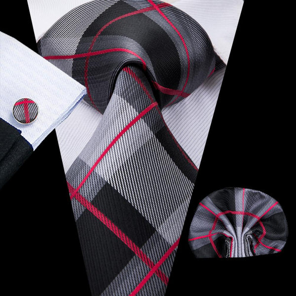 Black Grey Red Plaid silk mens neckties