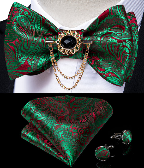 Silver Green Red Paisley Self-tied Silk Bow Tie Pocket Square Cufflinks Set with Lapel Pin