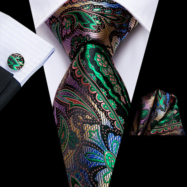 Mens black green paisley silk tie
