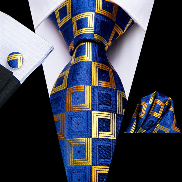 Blue Tie Gold Square Grid skinny tie 