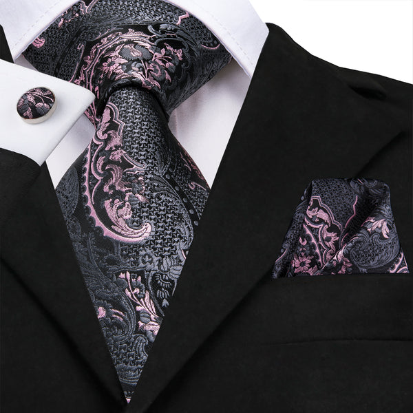 grey pink floral with black suit pink tie