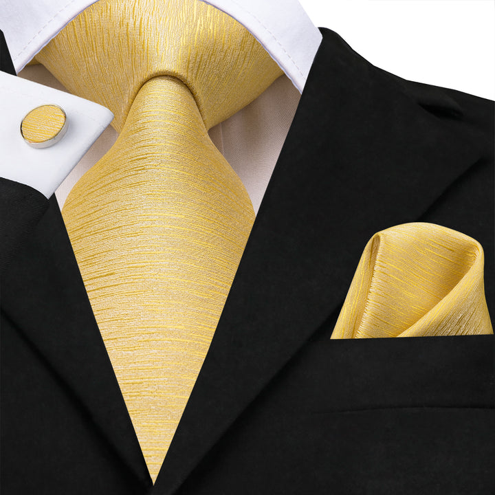 fashion silk solid yellow tie hanly cufflinks set for mens black suit and white shirt