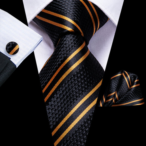 Black Golden Striped Necktie Pocket Square Cufflinks Set